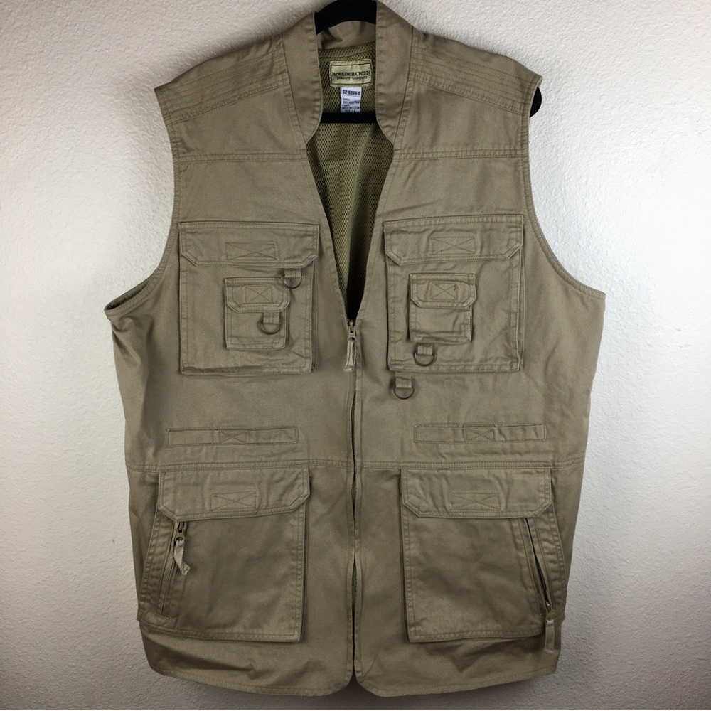 Boulder Creek Trading Company Men's Khaki Utility Vest Multiple Pockets Size XL
